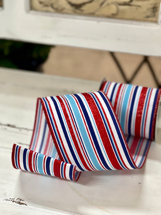 4 Inch By 10 Yard Red White And Blue Vertical Stripe Ribbon