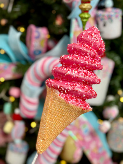 Red And Pink Ice Cream Cone With Sprinkles Stem