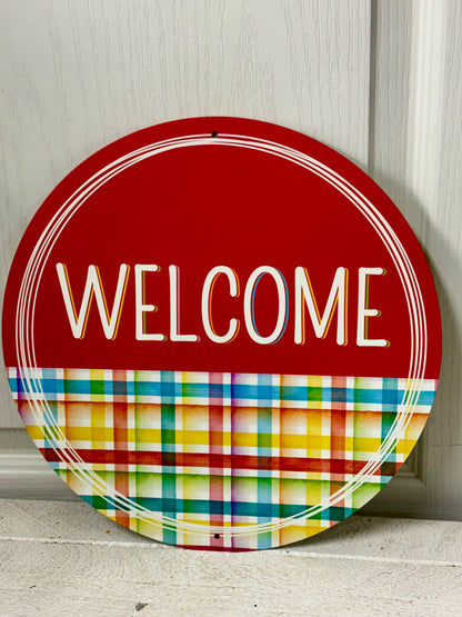 12 Inch Welcome Multicolor Plaid Wreath Sign