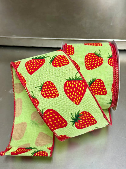 2.5 Inch By 10 Yard Strawberry Ribbon With Green Background