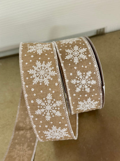 1.5 Inch By 10 Yard Tan And White Snowflake Ribbon