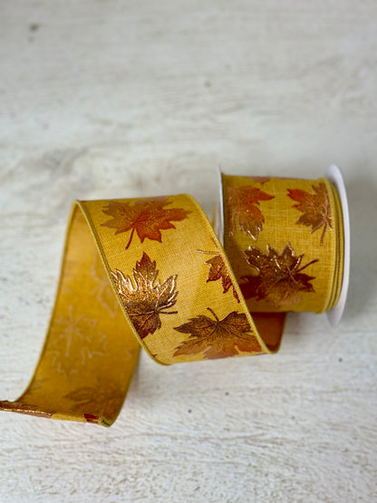 2.5 Inch By 10 Yard Mustard Background With Copper Maple Leaves Ribbon