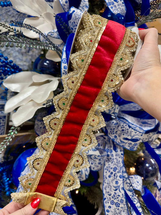 4 Inch By 5 Yard Gold Trim With Jewels On The Edge Of Red Ribbon