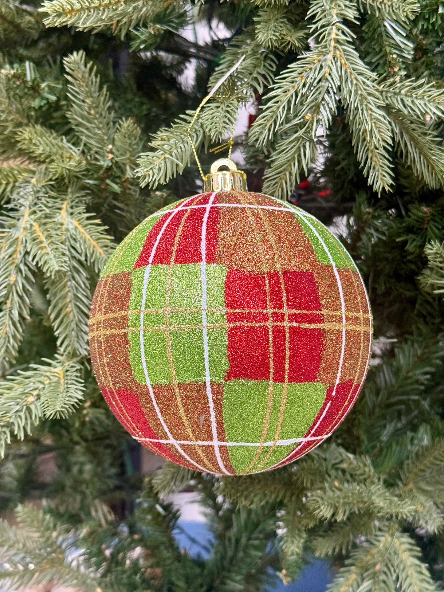 6 Inch Lime Green And Red Plaid Glitter Ornament Ball