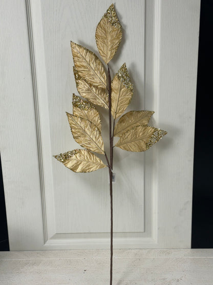 31.5 Inch Gold Pressed Velvet Glitter Leaf Spray With Pearls