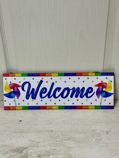 15 Inch Long Multicolor Welcome With Pinwheels Wooden Sign