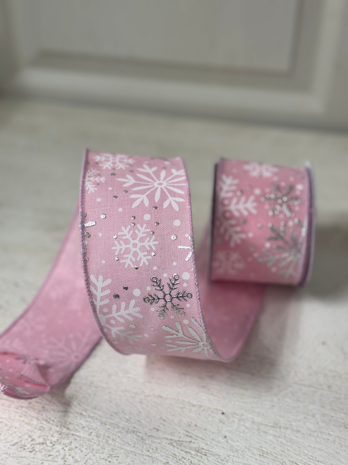 2.5 Inch By 10 Yard Light Pink Background With Snowflakes Ribbon