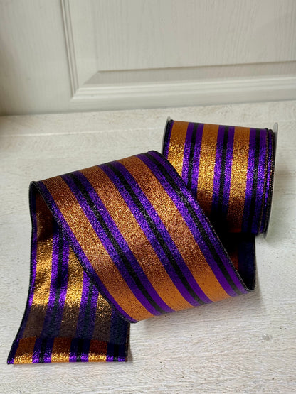 4 Inch By 10 Yard Copper Purple And Black Metallic Vertical Stripe Ribbon