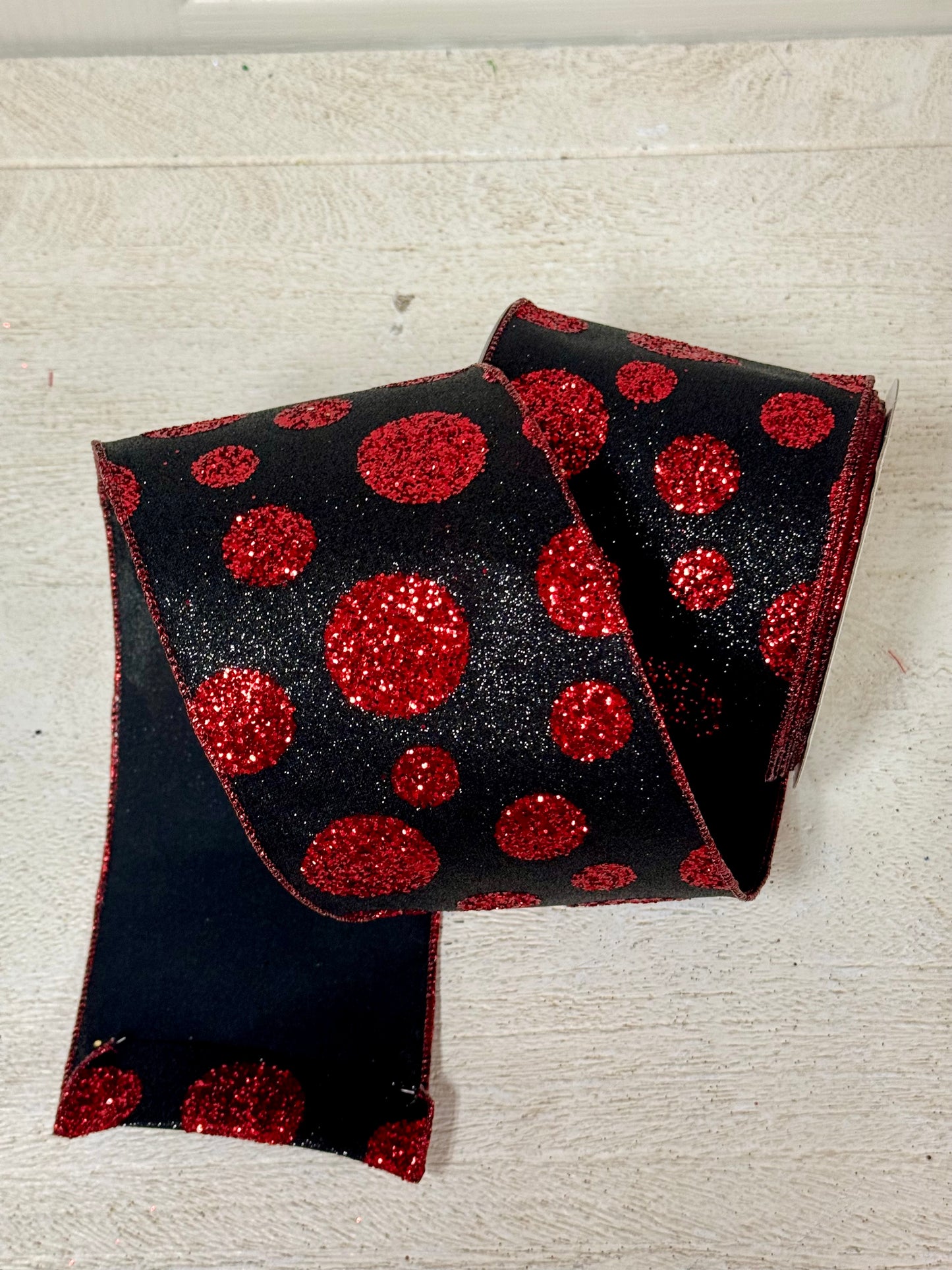 4 Inch By 10 Yard Black And Red Glitter Giant Polka Dots Ribbon