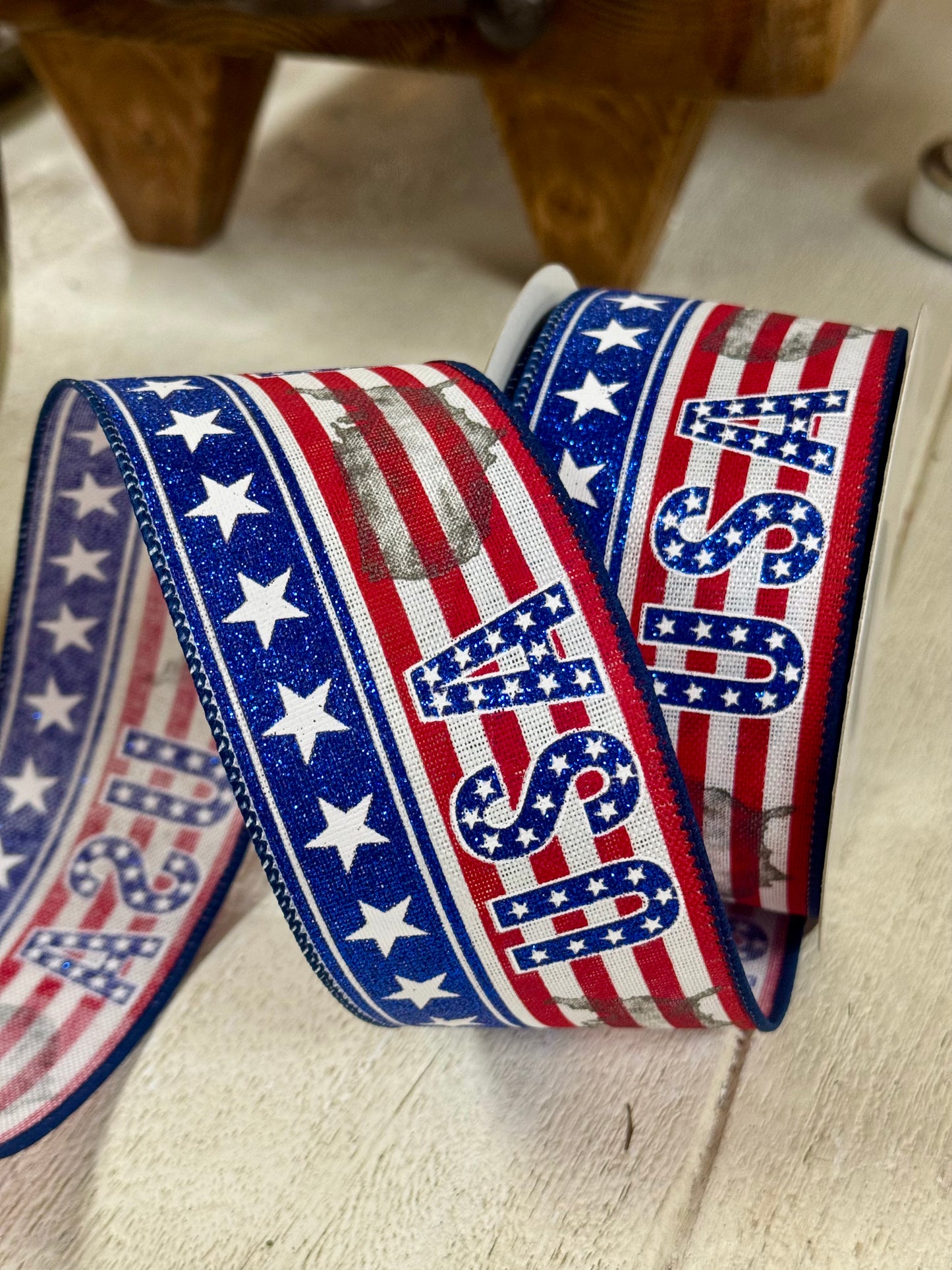 2.5 Inch By 10 Yard USA Red And Blue Glitter Ribbon