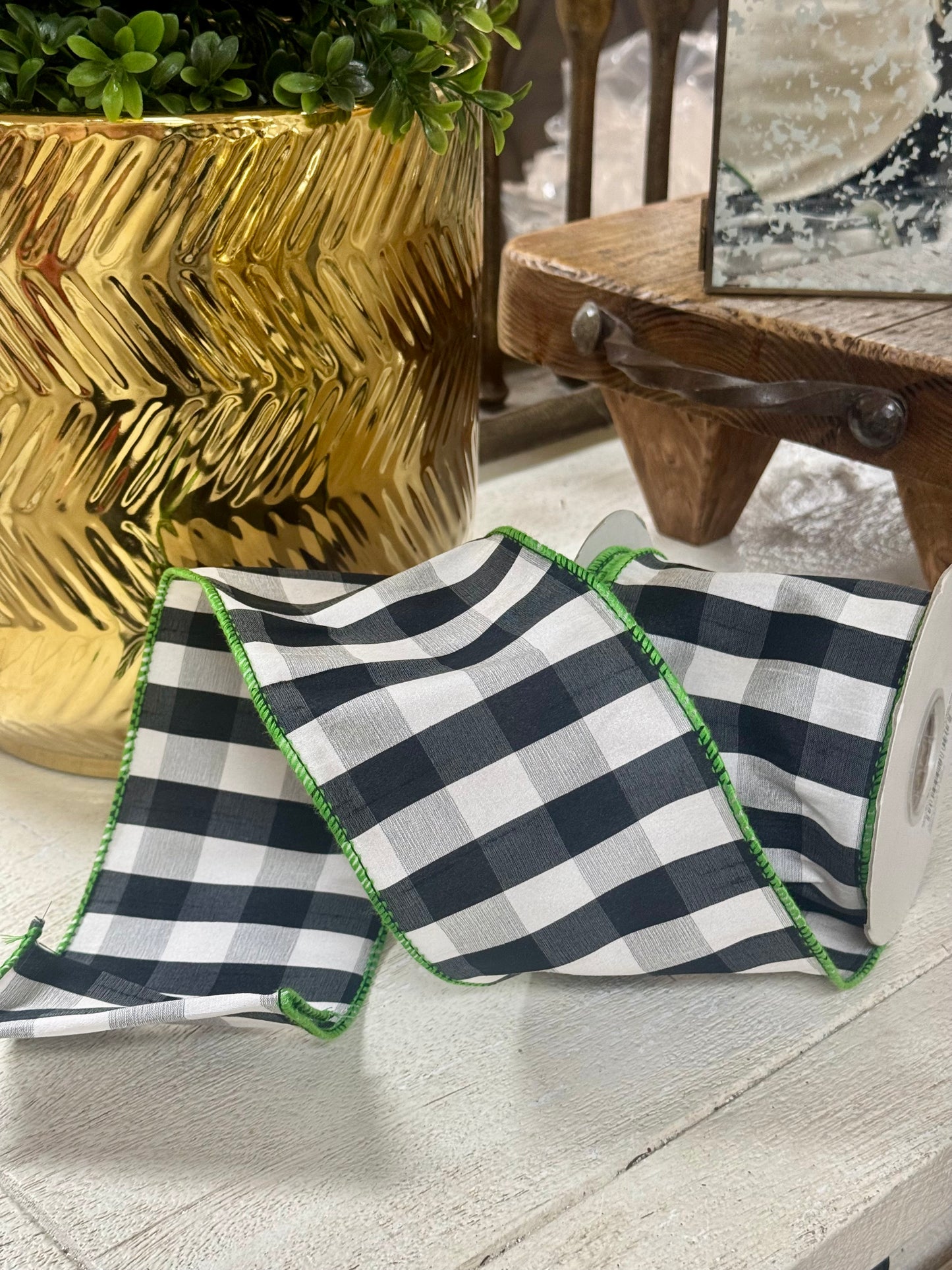 4 Inch By 10 Yard Black And White Gingham Check With Lime Green Edging Ribbon