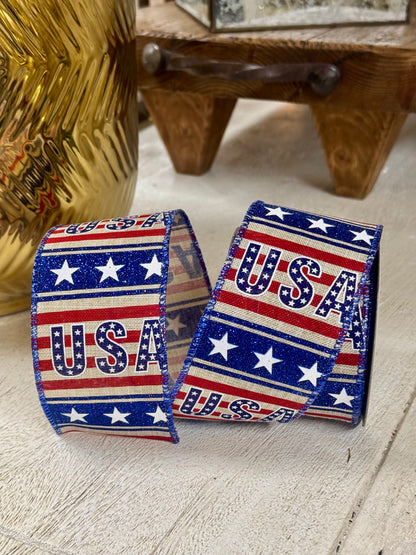 2.5 Inch By 10 Yard USA Star Striped Ribbon