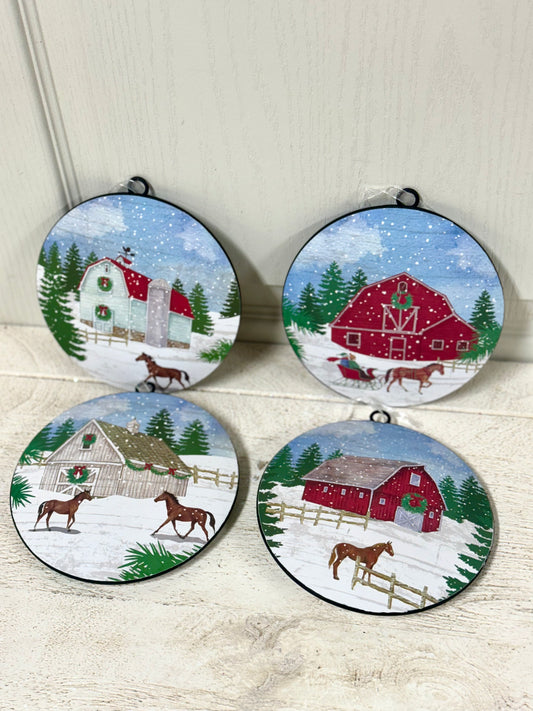 6.1 Inch Metal Holiday Barn Design Ornament Four Styles