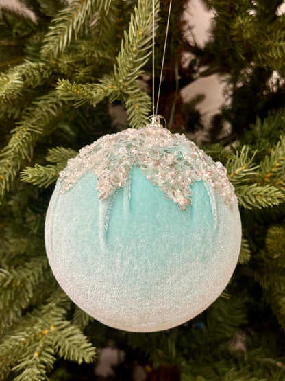 4.75 Inch Ice Blue Velvet Ornament With Sequin And Beaded Dripping