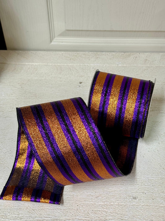 4 Inch By 10 Yard Copper Purple And Black Metallic Vertical Stripe Ribbon