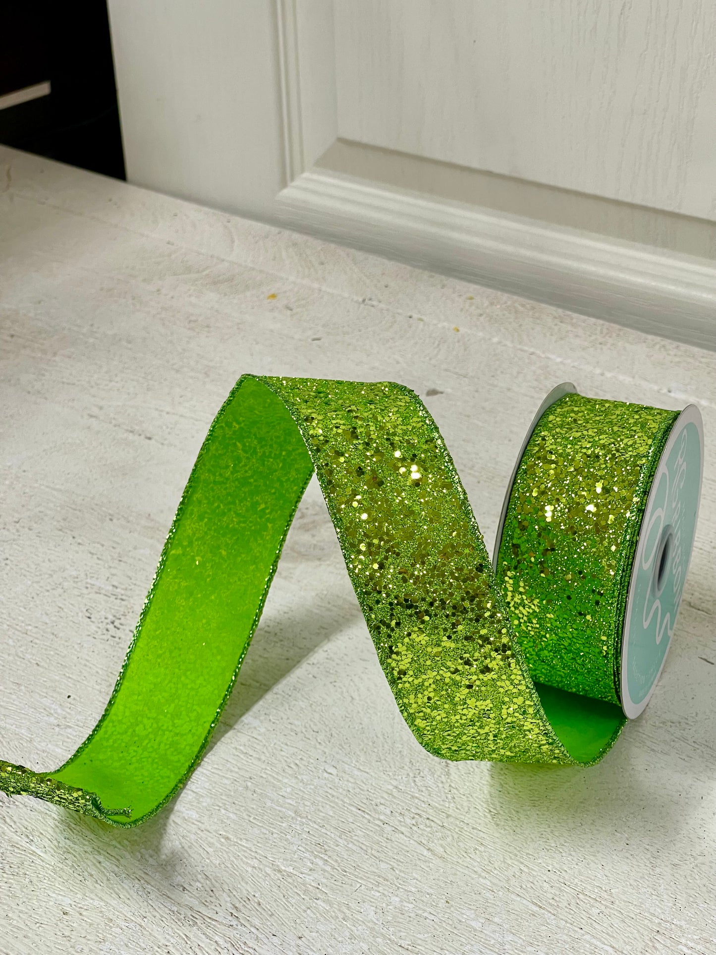 1.5 Inch By 10 Yard Lime Green Large Glitter Ribbon
