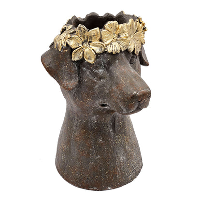 13 Inch Magnesium Dog Statue Planter With Textured Brown Finish And Gold Leaf Crown