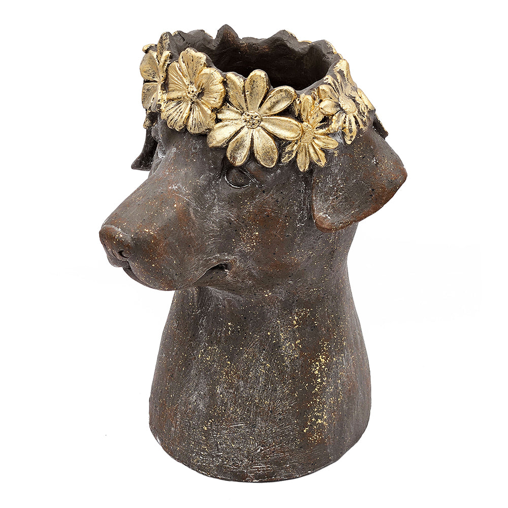 13 Inch Magnesium Dog Statue Planter With Textured Brown Finish And Gold Leaf Crown