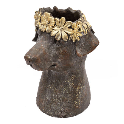 13 Inch Magnesium Dog Statue Planter With Textured Brown Finish And Gold Leaf Crown