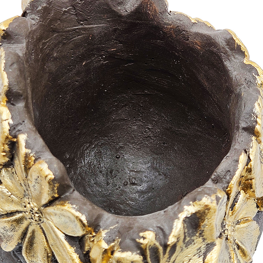 13 Inch Magnesium Dog Statue Planter With Textured Brown Finish And Gold Leaf Crown