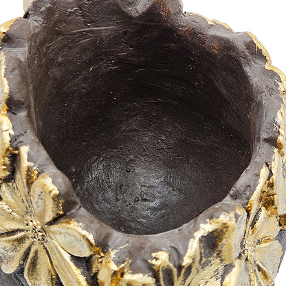 13 Inch Magnesium Dog Statue Planter With Textured Brown Finish And Gold Leaf Crown