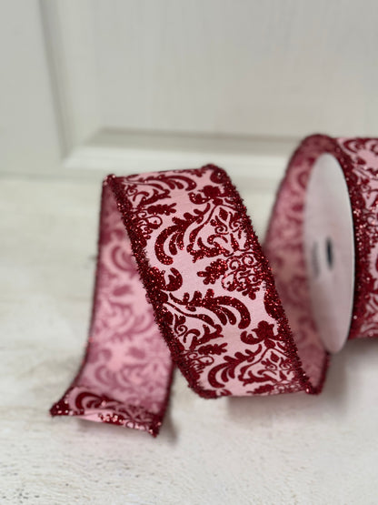 2.5 Inch By 10 Yard Soft Pink And Red Damask Dupioni With Red Tinsel Edge Ribbon