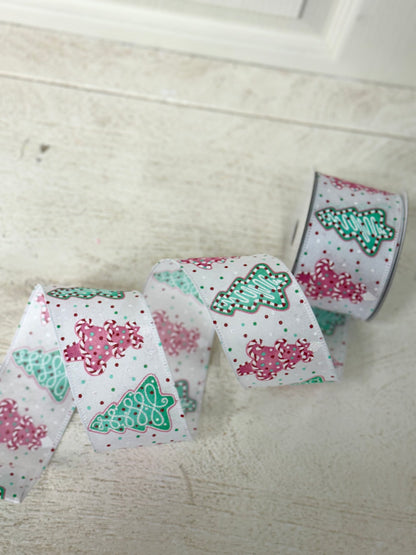 2.5 Inch By 10 Yard Teal And Pink Christmas Cookies With Sprinkles Ribbon