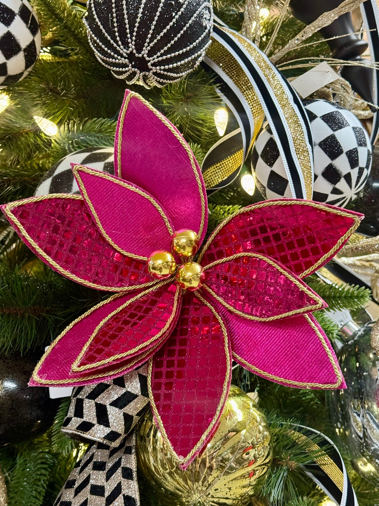 15 Inch Fuchsia And Gold Sequin Poinsettia Spray