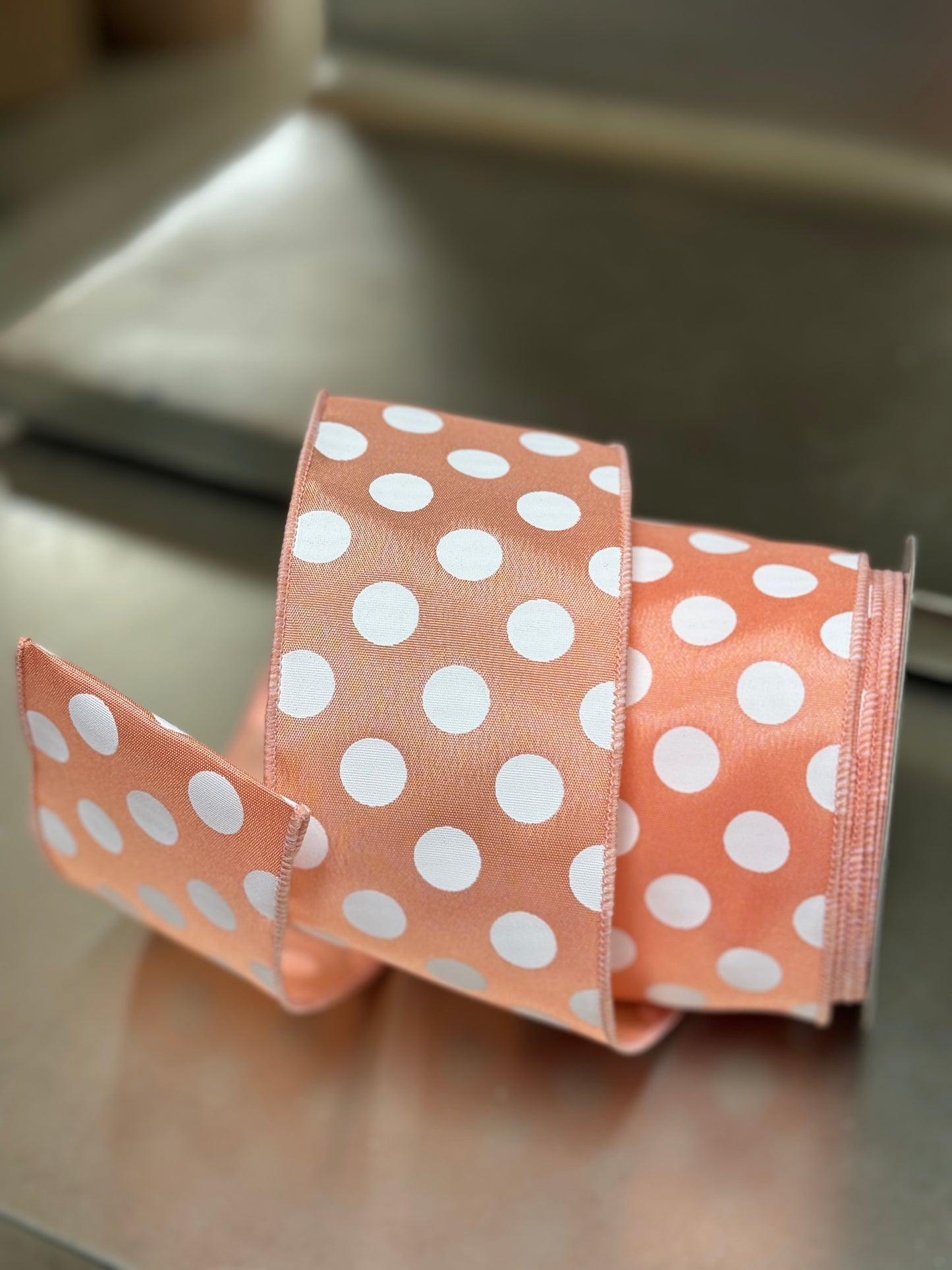 2.5 Inch By 10 Yard Peach And White Large Polka Dot Ribbon