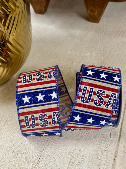 2.5 Inch By 10 Yard USA Star Striped Ribbon