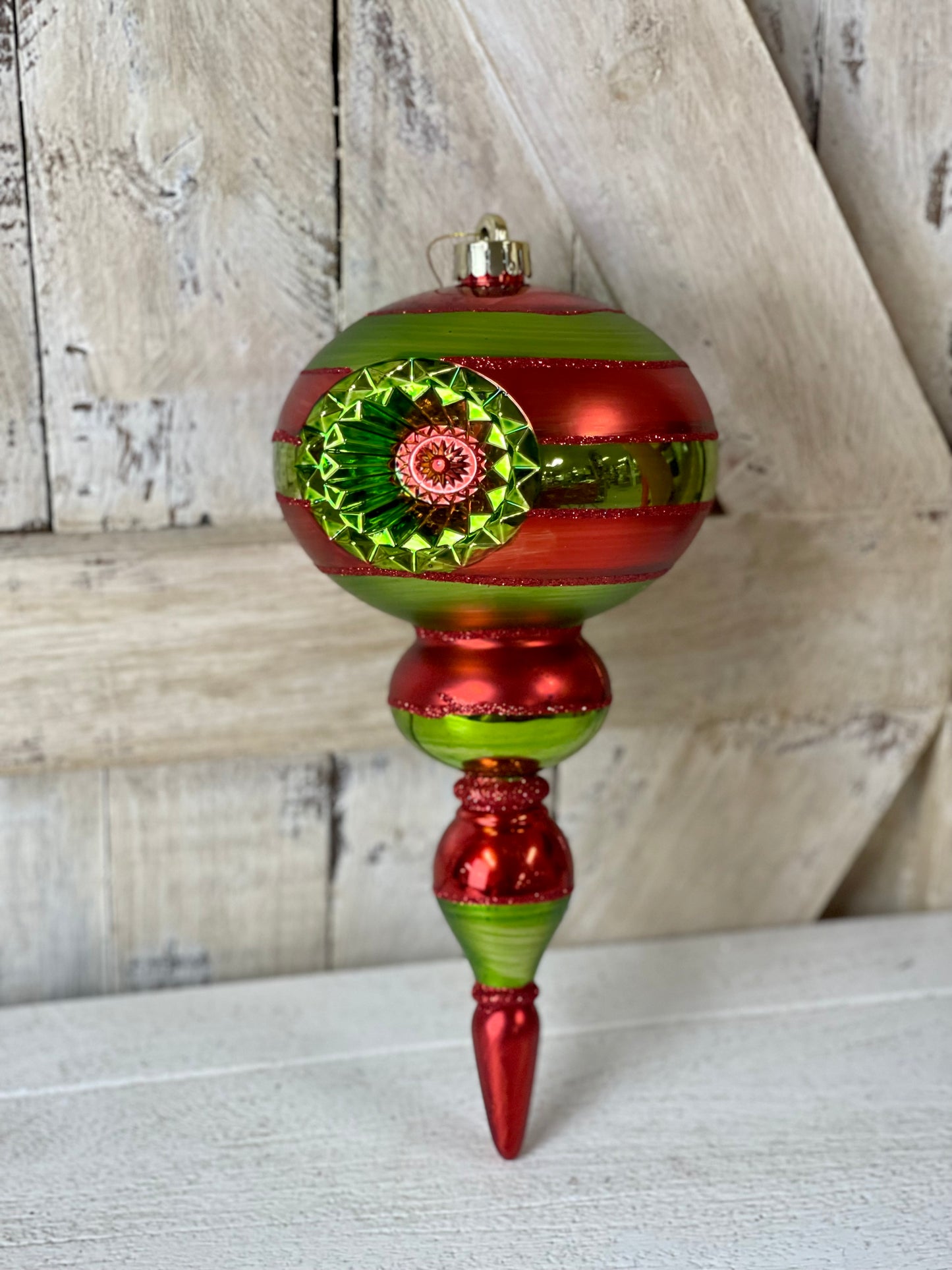 11 Inch Green And Red Faceted Finial Ornament