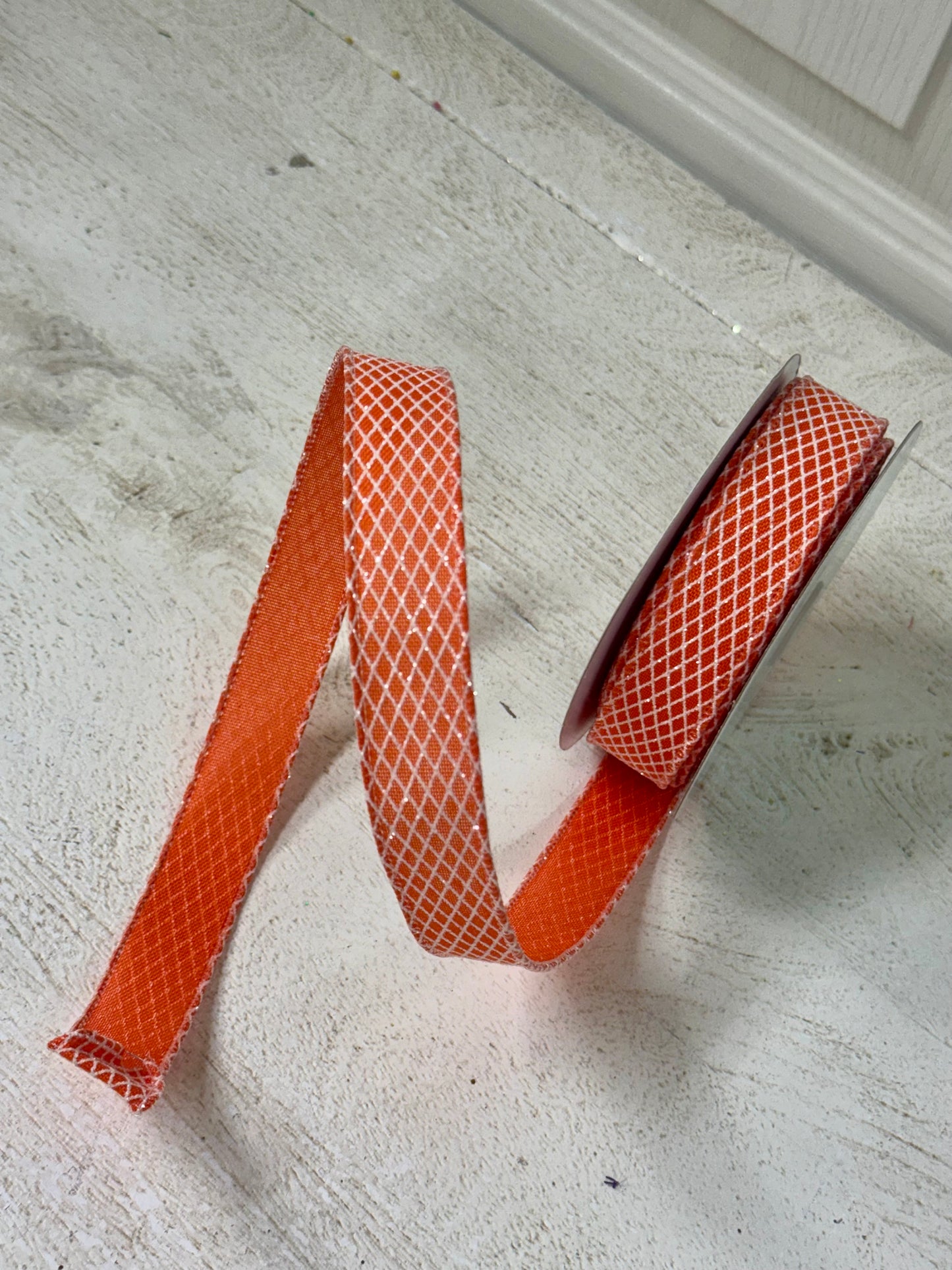 7/8 Inch By 10 Yard Orange And White Harlequin Ribbon