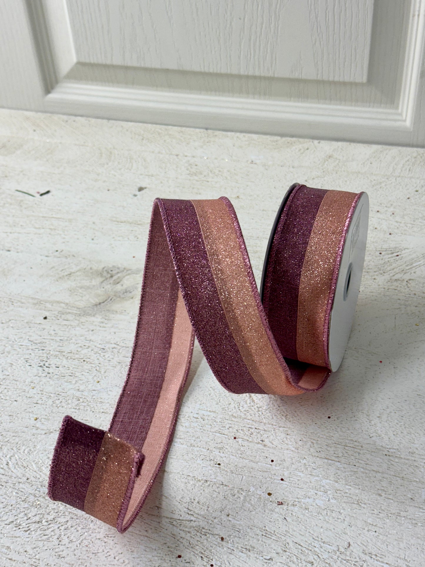 1.5 Inch By 10 Yard Rose Gold And Mulberry Glitter Striped Ribbon