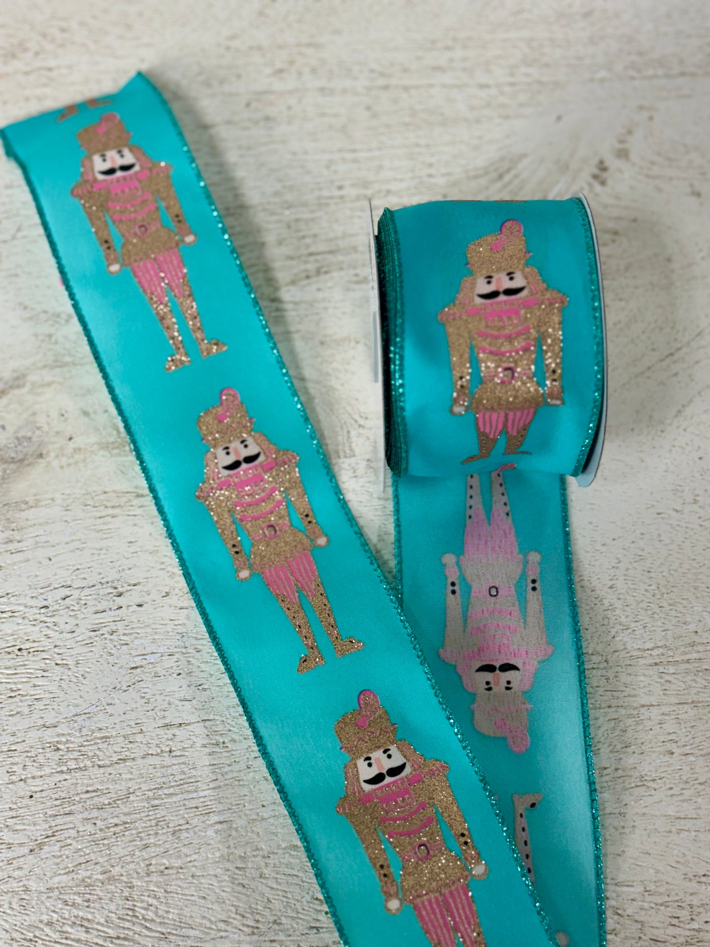 2.5 Inch By 10 Yard Teal Pink And Champagne Nutcracker Ribbon