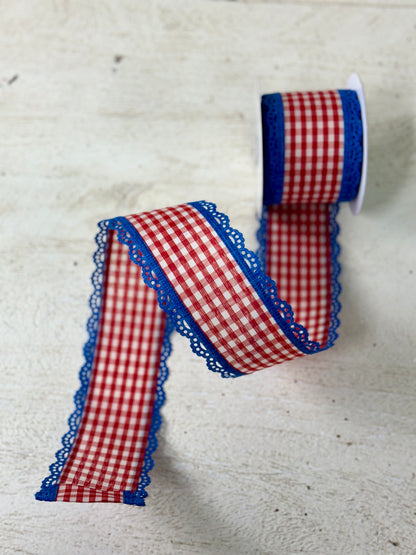 2.5 Inch By 10 Yard Red And White Gingham With Lace Blue Scalloped Edges Ribbon