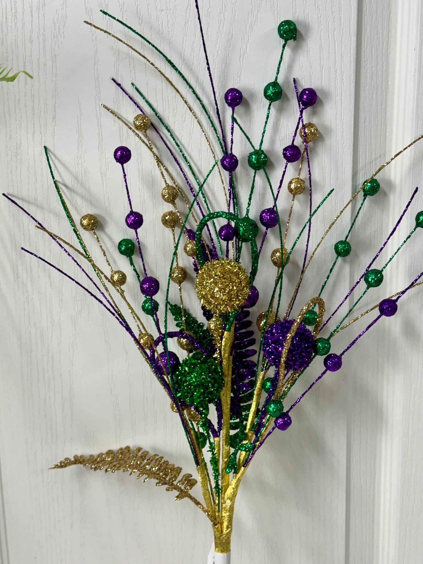 27.5 Inch Mardi Gras Glitter Fern Ball Spray