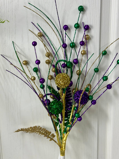27.5 Inch Mardi Gras Glitter Fern Ball Spray