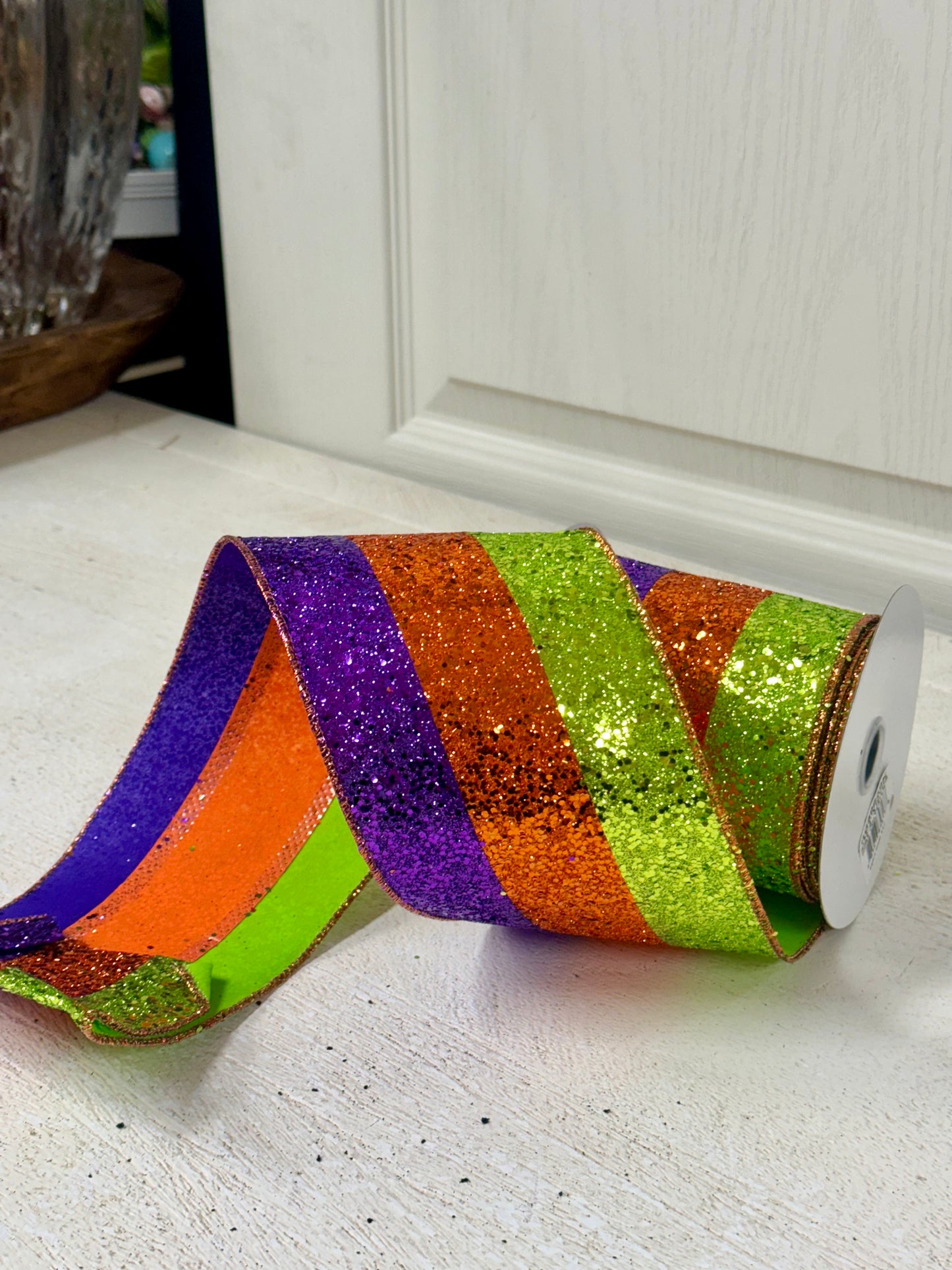 4 Inch By 10 Yard Purple Orange Lime Large Glitter Ribbon