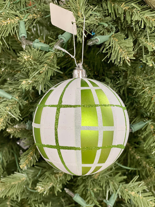 4 Inch Lime Green And White Plaid Ball Ornament