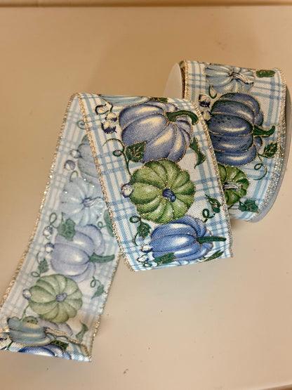 2.5 Inch By 10 Yard Blue Gingham With Blue And Sage Pumpkin Scene Ribbon