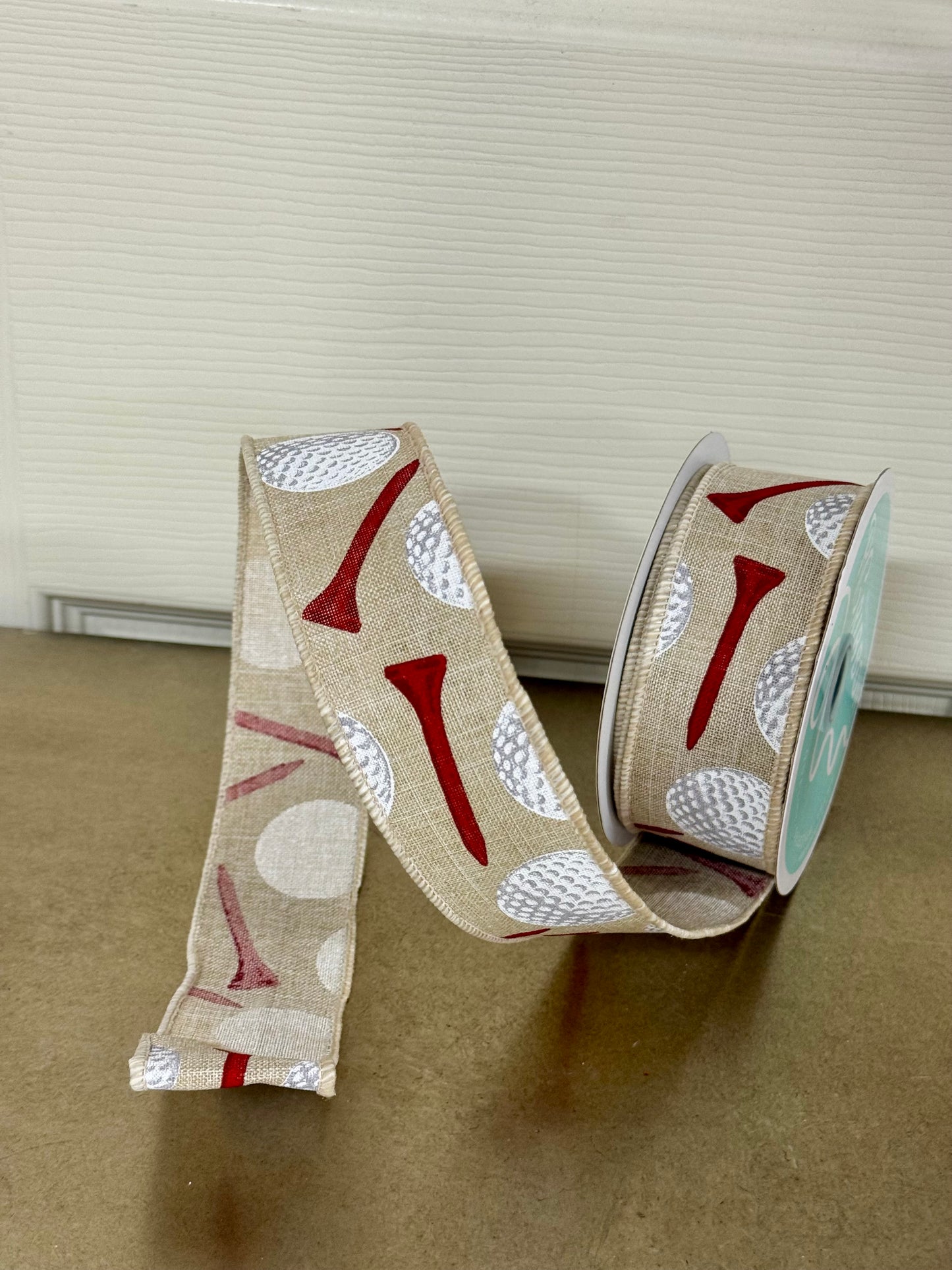 1.5 Inch By 10 Yard Tan And Red Golf Ball Ribbon