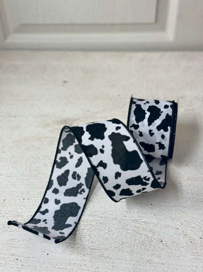 2.5 Inch By 10 Yard Fuzzy Black And White Cow Print Ribbon