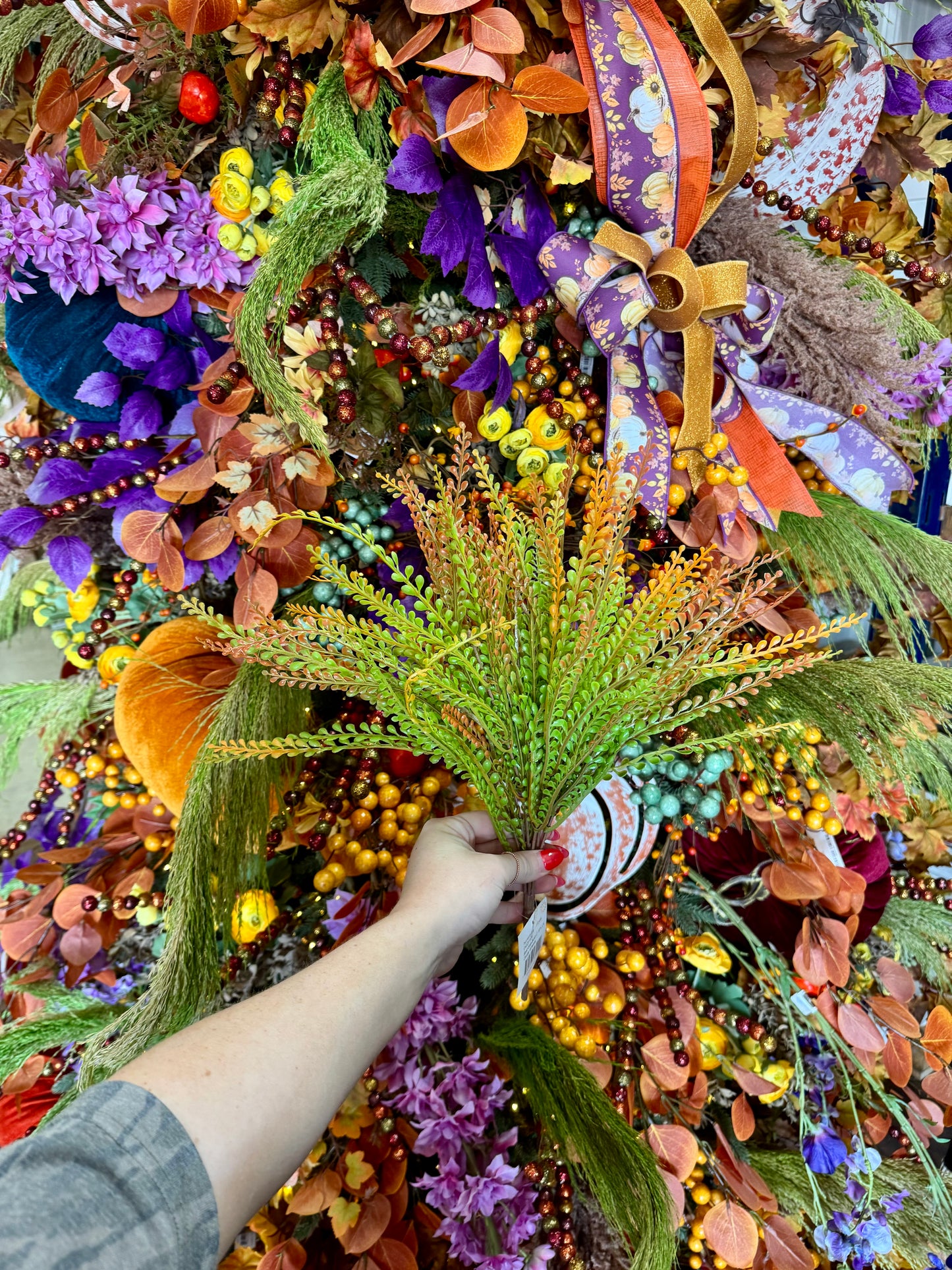 16 Inch Orange And Green Fall Bead Grass Bush