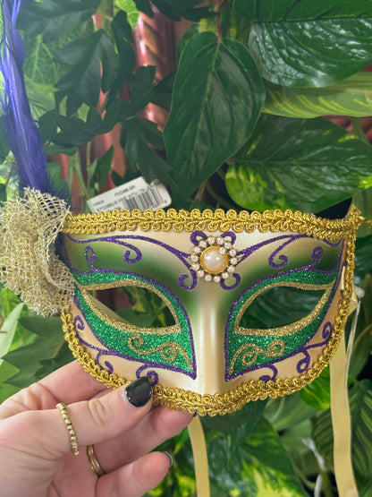 6.75 Inch Green Purple And Gold Deluxe Mardi Gras Mask