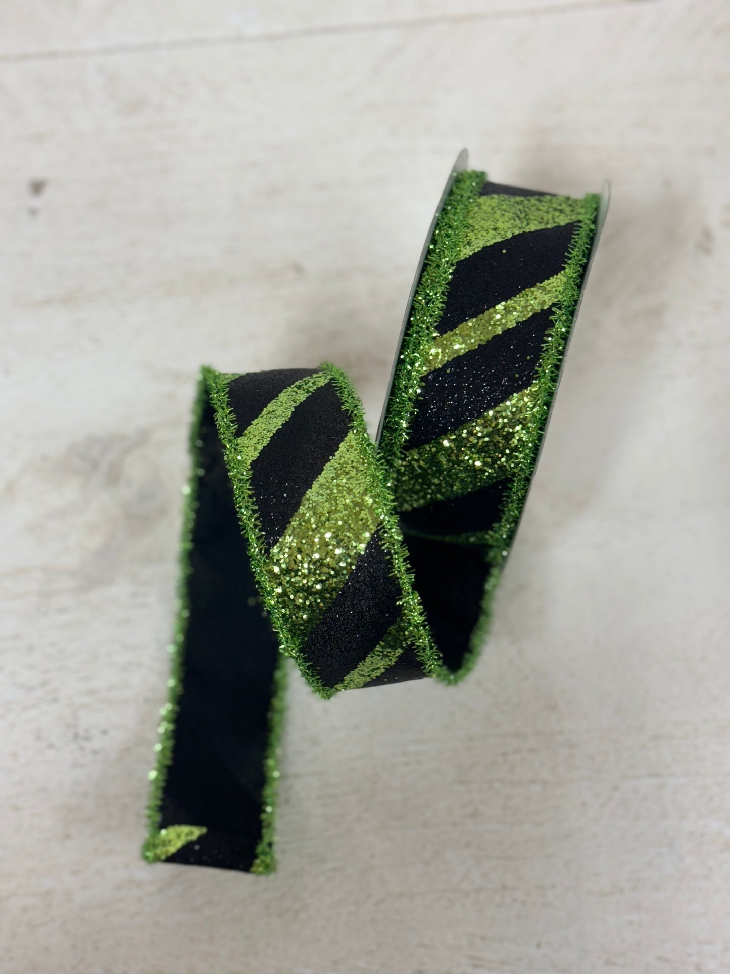 1.5 Inch By 10 Yard Black And Lime Green Striped With Tinsel Edge Ribbon