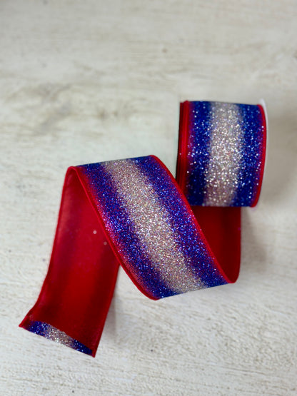 2.5 Inch By 10 Yard Red Royal Blue And Silver Gradient Glitter Ribbon