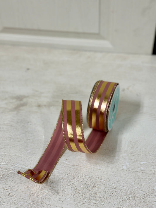 1.5 Inch By 10 Yard Dusty Rose And Gold Metallic Striped Ribbon