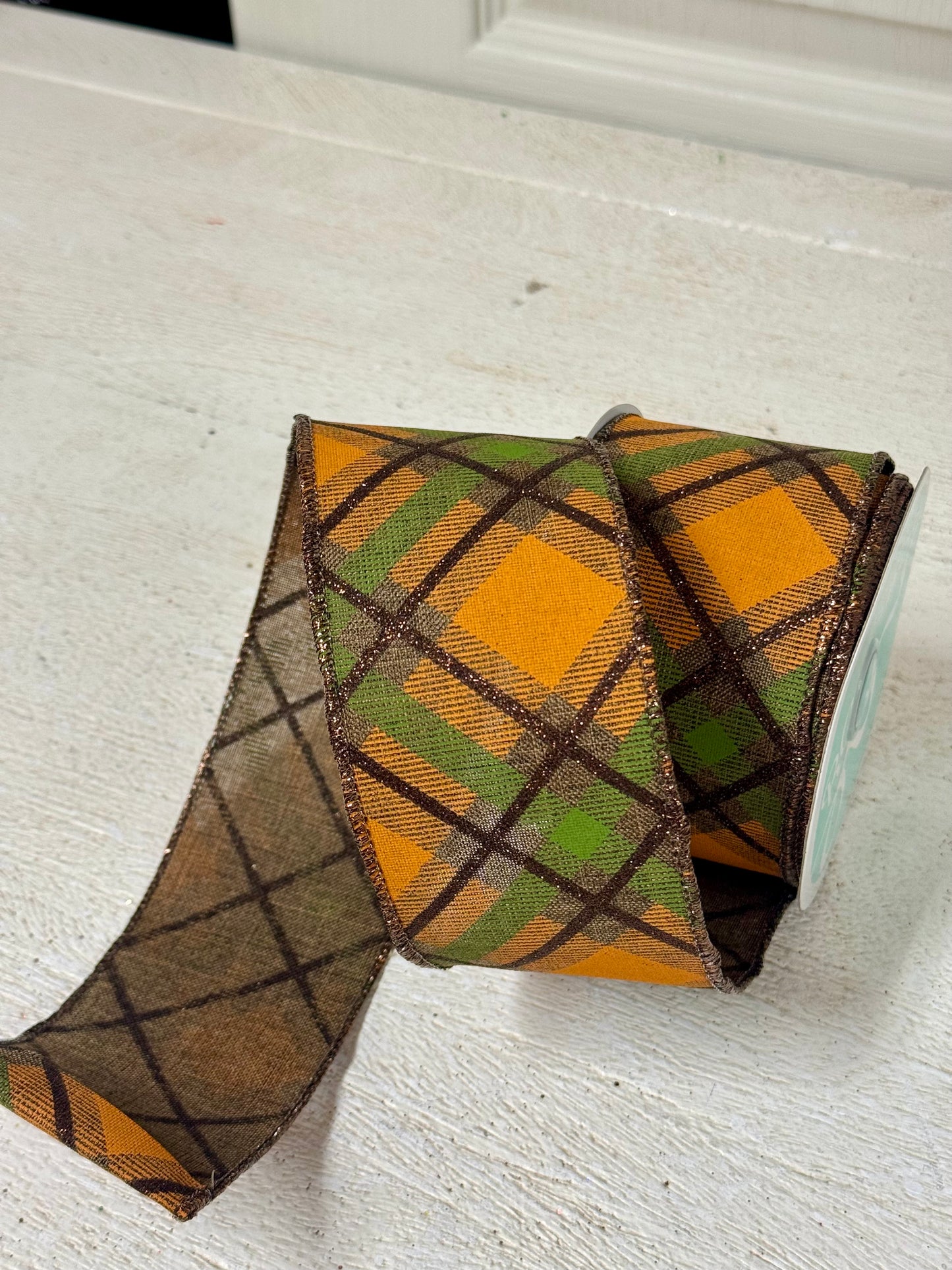 2.5 Inch By 10 Yard Brown Orange And Moss Glitter Plaid Ribbon