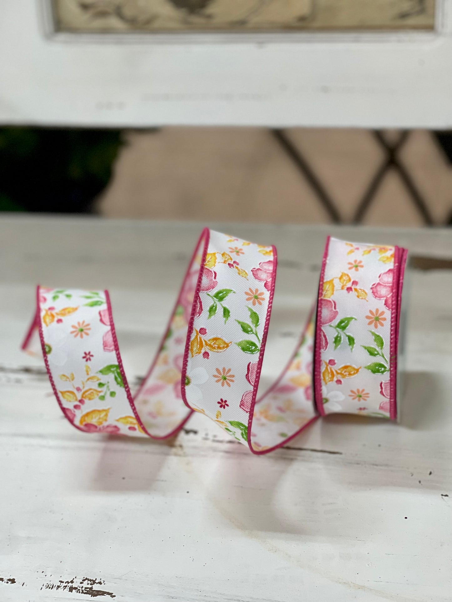 1.5 Inch By 10 Yard White Background With Pink Watercolor Flower Ribbon