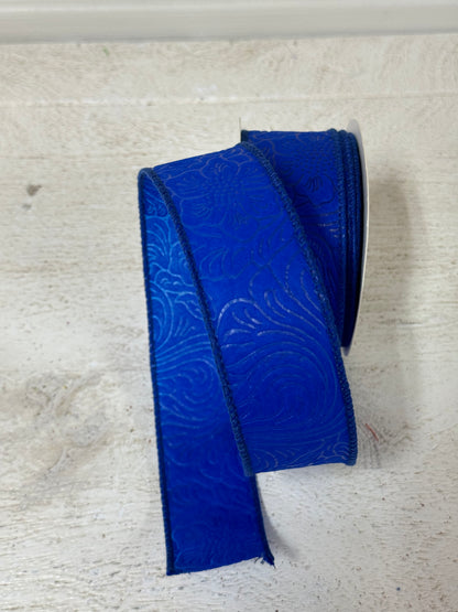 1.5 Inch By 10 Yard Royal Blue Floral Leaves Ribbon